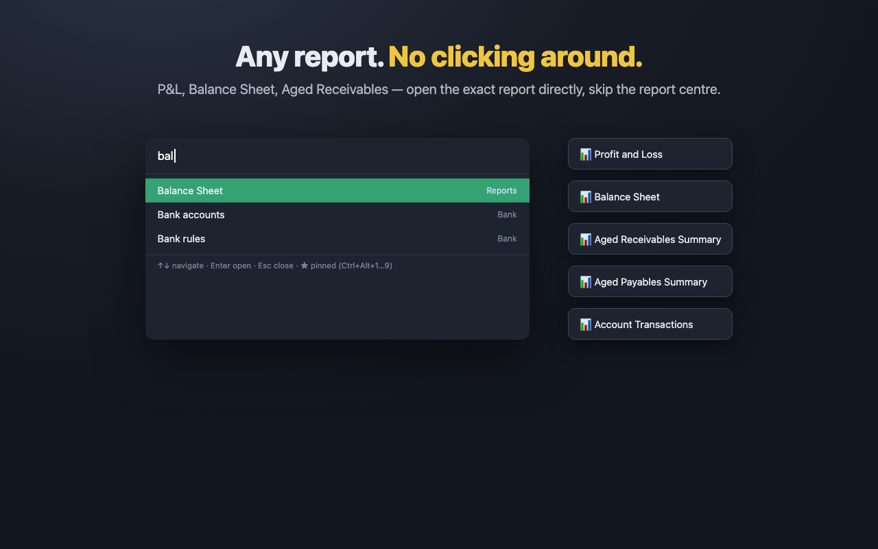 Opening a specific Xero report directly from the Yuzu command palette.
